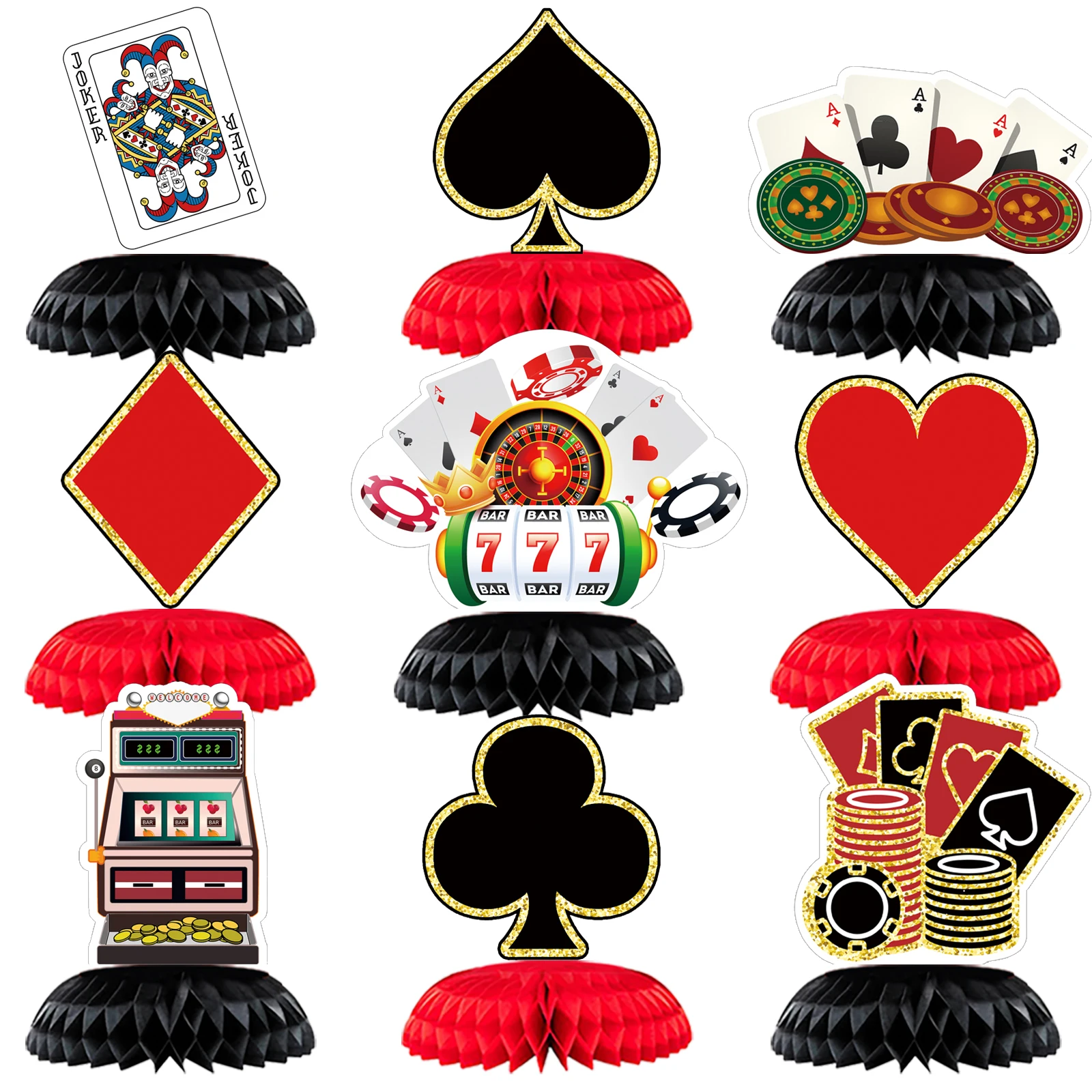 9 pz/set Casino Las Vegas Tema Poker Carte Da Gioco Desktop A Nido D'ape Ornamento per Adulti Ragazzo Compleanno Gioco Notte Decorazione Del Partito