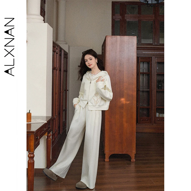 ALXNAN Casualowe spodnie z wysokim stanem, plisowane, z elastycznym pasem, damskie szerokie spodnie, miękkie, zwiewne, oddychające, uniwersalne spodnie L57960