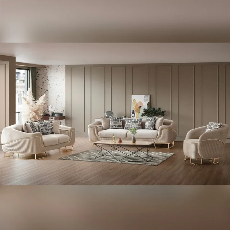 # Light Luxury Sofa Set Featuring Beige Velvet Upholstery Couches Throw Pillows and Gold Tone Metal Base for Living Room