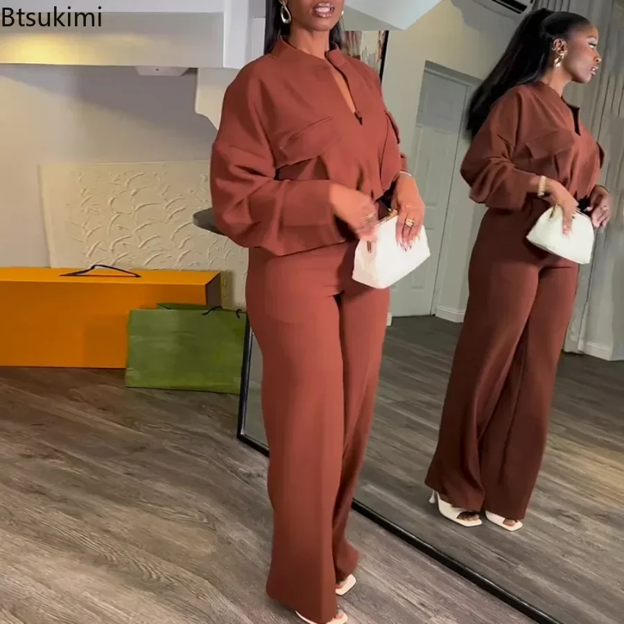 New 2026 Women's Elegant Long Sleeve Shirt and Long Pant Outfits Elegant Double Pocket Solid Business Office Two Piece Pant Sets