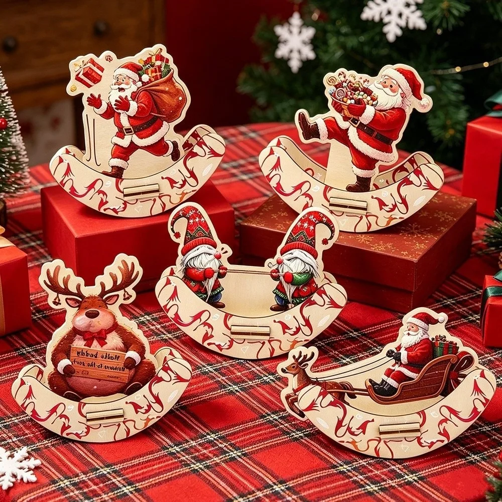 Xmas Gift Wooden Rocking Table Ornament Elk Dwarf Christmas Desktop Decor DIY Handmade Funny Xmas Swing Decoration Christmas