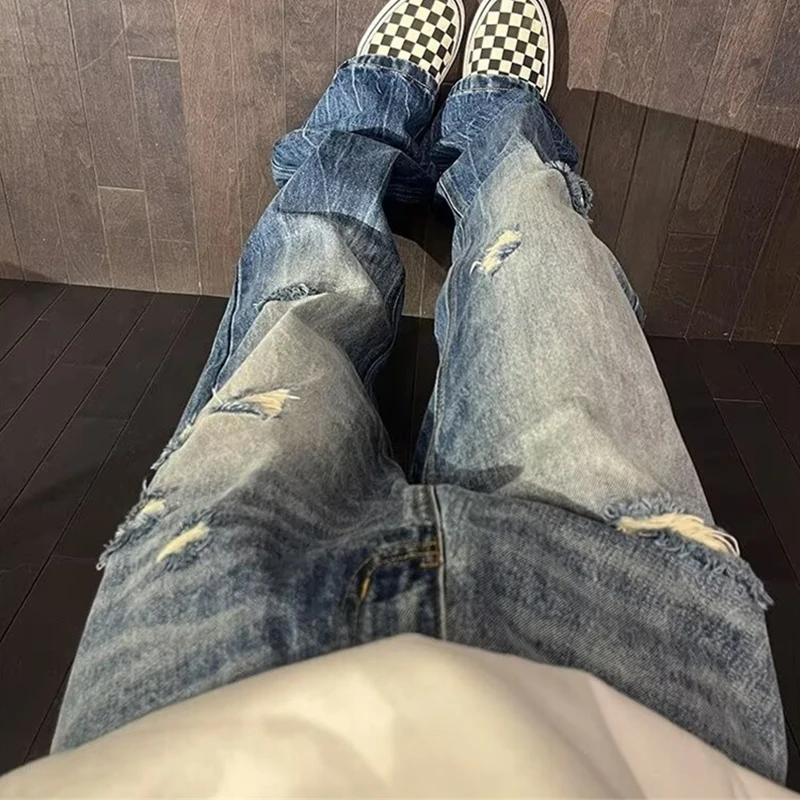 

Autumn Men's Hip Hop Fashion Ripped Baggy Jeans Y2K Vintage Streetwear Straight-Leg Denim Pants Washed Distressed Blue Jean