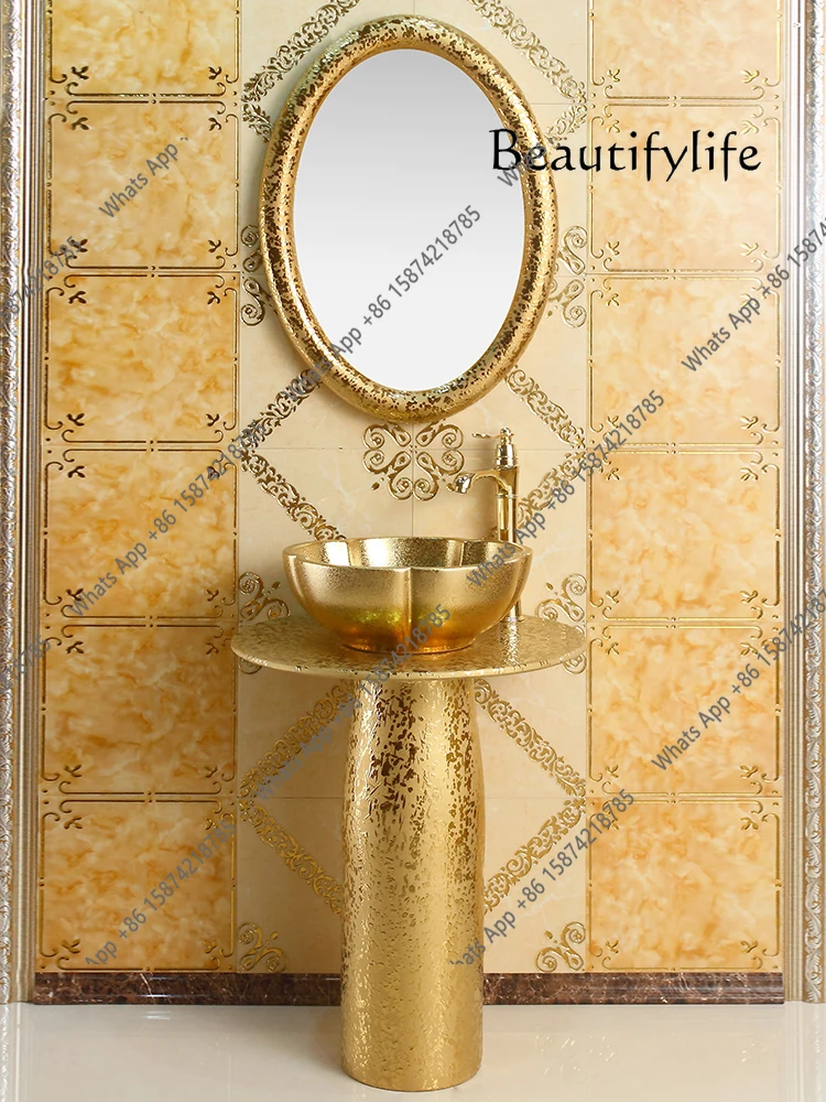 J European Art Column Wash Basin Bar Floor-to-ceiling Washbasin Ceramic Gold Integrated Wash Basin Designer