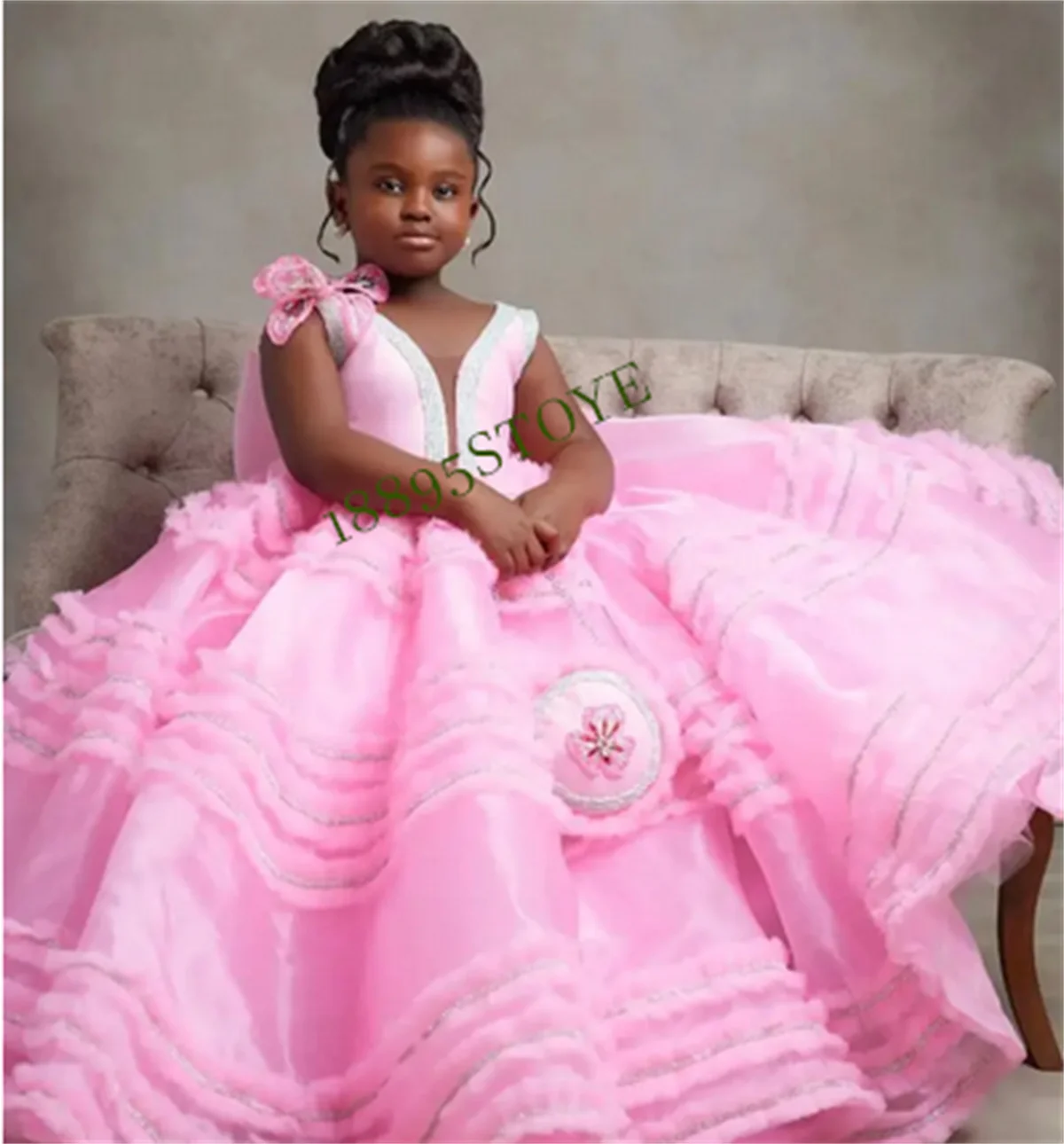 

Pink Floral Girls Pageant Dress Tiered Flower Girls Dresses for Wedding Kids Ruffles Party Birthday Gowns Photoshoot 1-14T