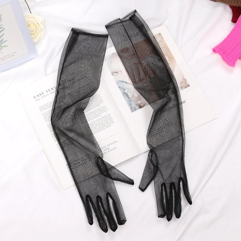 Long Sheer Tulle Gloves Ultra Thin Stretchy Full Finger Mittens Mesh Elbow Wedding Bride Gloves Sheer Sunscreen Vintage Glove