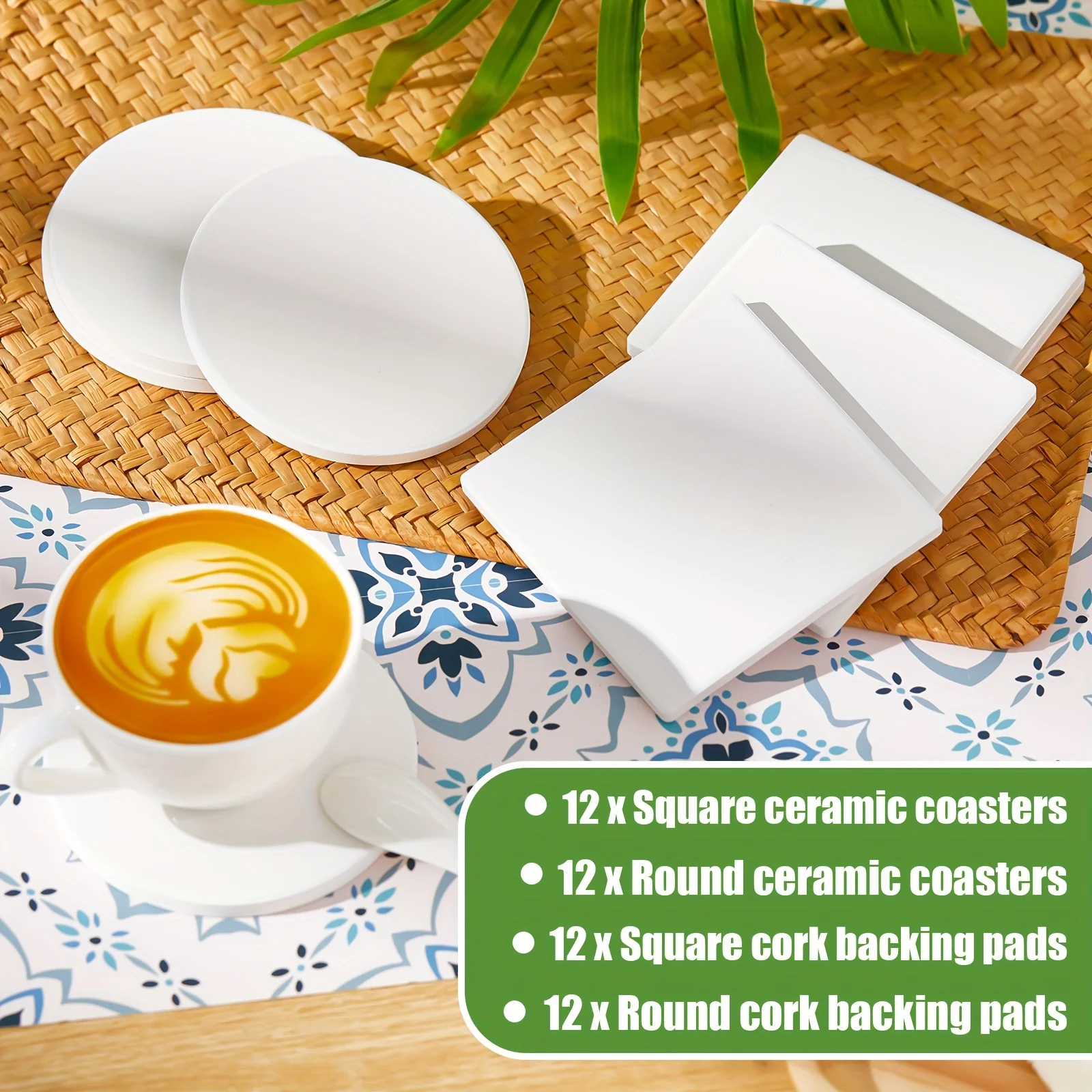 

48pcs Ceramic Tile for Crafts Coasters Includes Square And Round White Tiles Unglazed Ceramic Coasters with Cork Backing Pads for Project Gifts