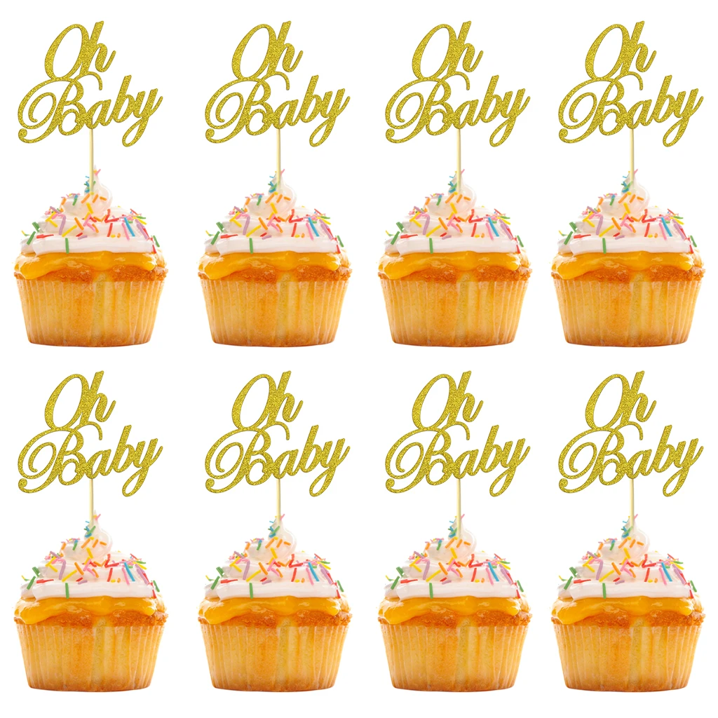 18pcs Oh Baby Cake Toppers Glitter Gold Happy Birthday Cupcake Topper For Baby Shower Gender Reveal Party Cake Dessert Deco Tool