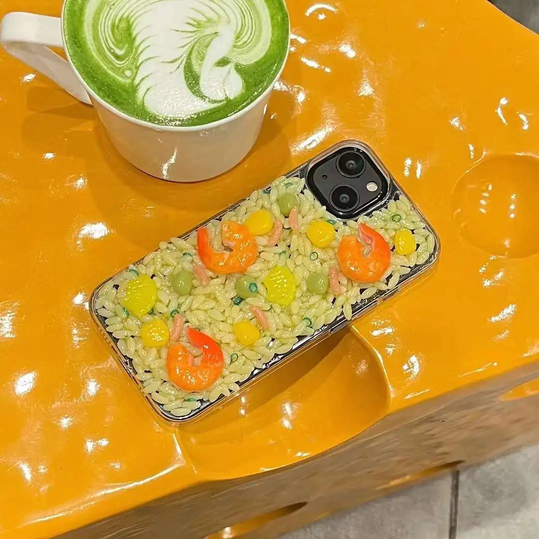 Korean ins Cute 3D Rice and Shrimp Collocation Phone Case For iphone 15 14 13 Pro 12 11 Soft Epoxy Silicone Cover Coque