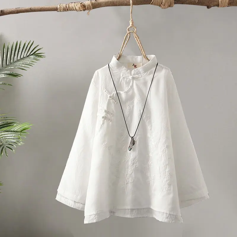 Women Chinese Style Embroidery Shirts Traditional Temper Aesthetics Blouse Vintage Hanfu Zen Tea Tops Chic T-shirt
