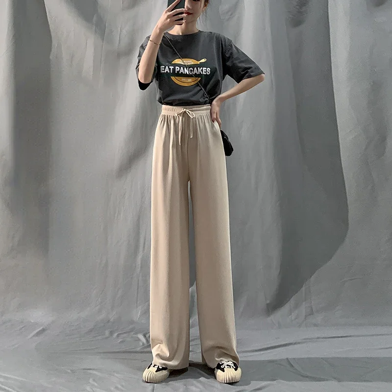 

Spring Summer Thin Section Drape Ice Silk Wide Leg Pants Women's Black High Waist Loose Casual Straight Pants Woman Pants