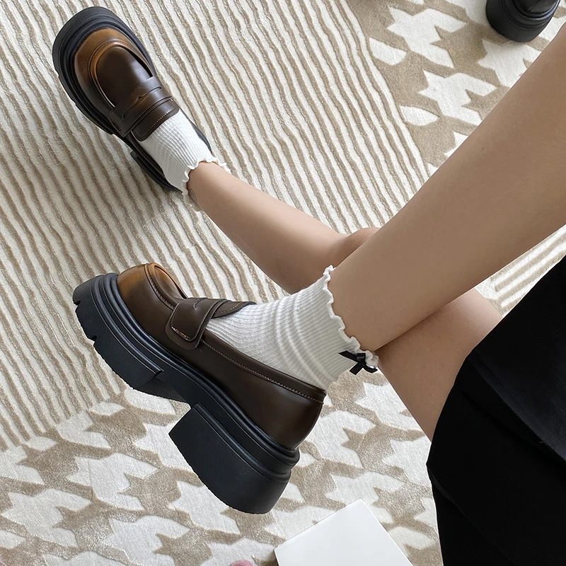 حذاء بدون كعب نسائي على الطراز البريطاني برأس مستدير وجزء سفلي سميك وكعب مربع حذاء ركاب قدم واحدة حذاء جلدي للتنقل حذاء متعدد الاستخدامات #6