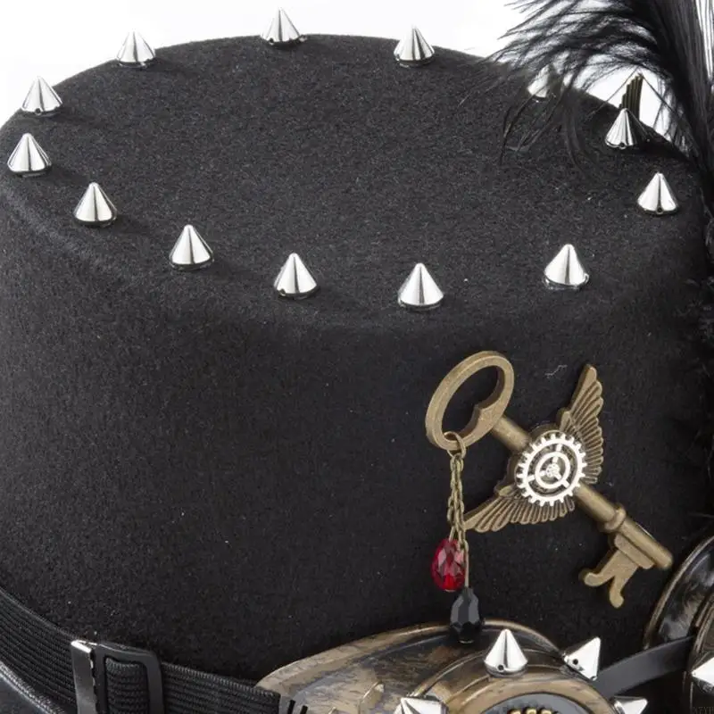 N7YF Retro punkowy cylinder Steampunkowy kapelusz Halloweenowy kapelusz łańcuszkiem zębatym i okularami kolorze ciemnego