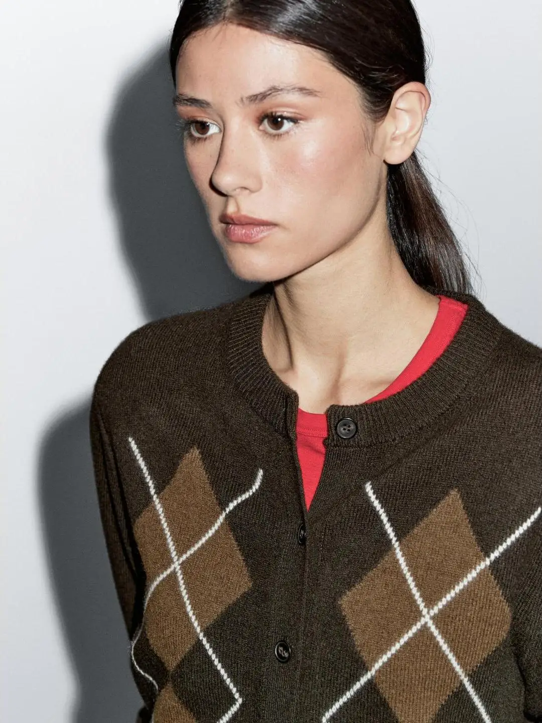 

Retro Sle Knitted round Ne Open Front Sweater Diamond Pattern College Sle Early Autumn Faion Women's Premium Quali