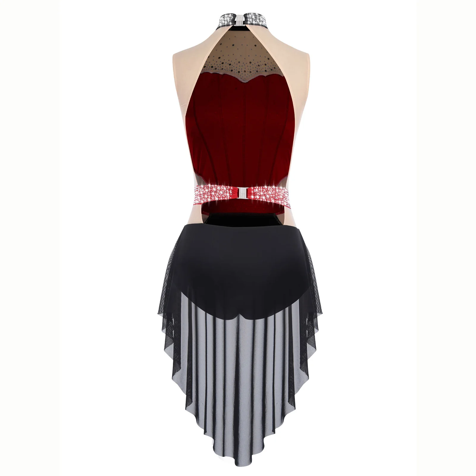 Abito da ballo jazz lirico da donna, collo a lupetto, senza maniche, senza schienale, strass lucidi, body con gonna patchwork in rete a blocchi di colore