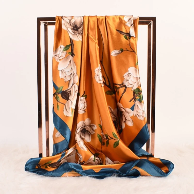 Heitou-bufanda de seda de verano, pañuelo cuadrado con estampado de orquídeas de ciruela, crisantemo de bambú, accesorios para bolsos, 90CM