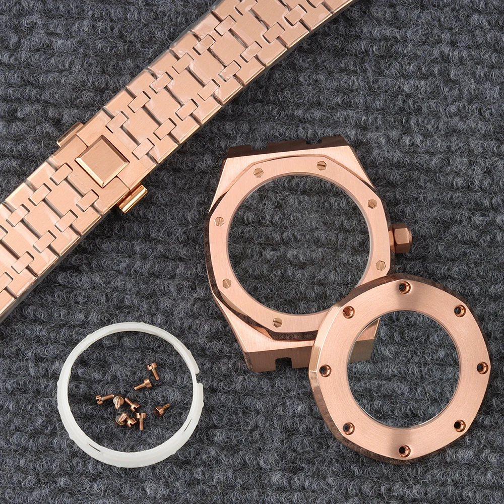 

41mm NH35 Watch Case Rose Gold Fit Royal Oak Sapphire glass Case Stainless Steel Strap For NH35 NH36 Movement 31.8mm Dial