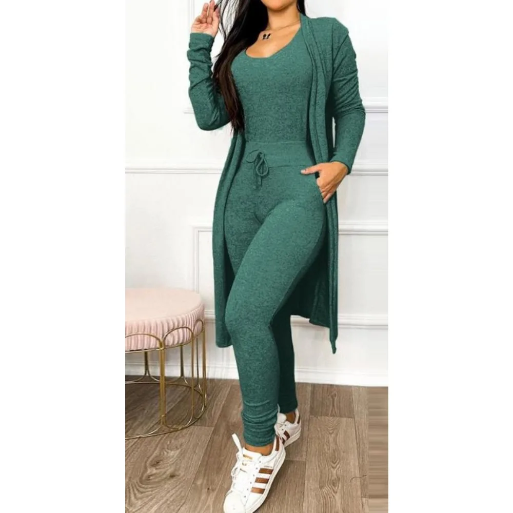 Two Piece Set Women Outfit 2024 Spring Fashion Drawstring Pocket Design U-Neck Sleeveless Skinny Jumpsuit & Long Sleeve Coat Set