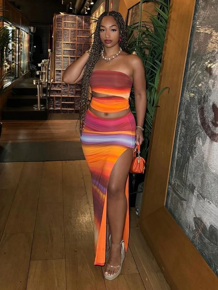 

InGrily Sexy Colorful Stripe Print Two Piece Set Women Hollow Waistless Strapless Tops+Splits Long Skitrs Beach Party Outfits