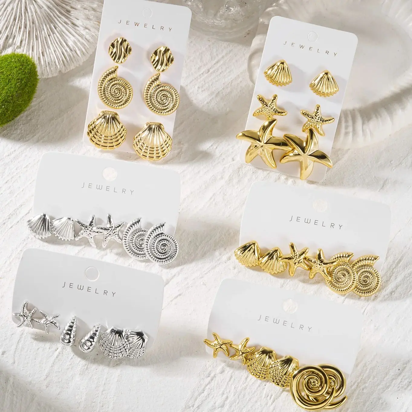 3 Pairs Gold Starfish Shell Stud Earrings for Women