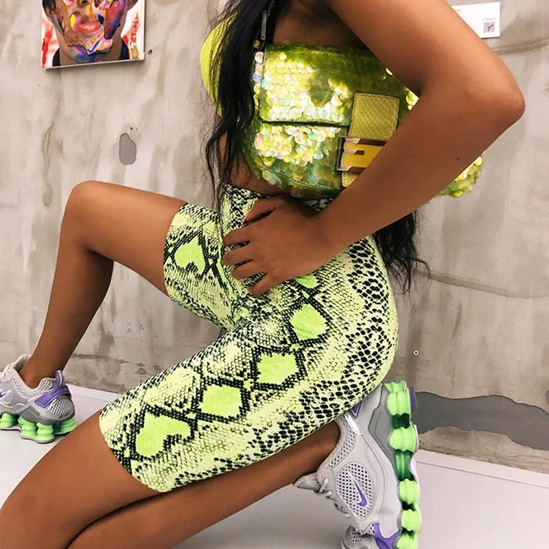 Women's High-Waist Snake Print Elastic Waist Shorts Trendy Summer Short Trousers Pantalones Cortos Mujer