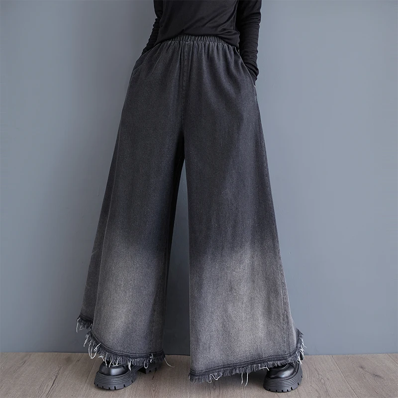 SuperAen Spring and Autumn 2025 New Wash Gradient Elastic Waist Denim Wide-leg Pants Tassel Loose Oversize Casual Long Pants