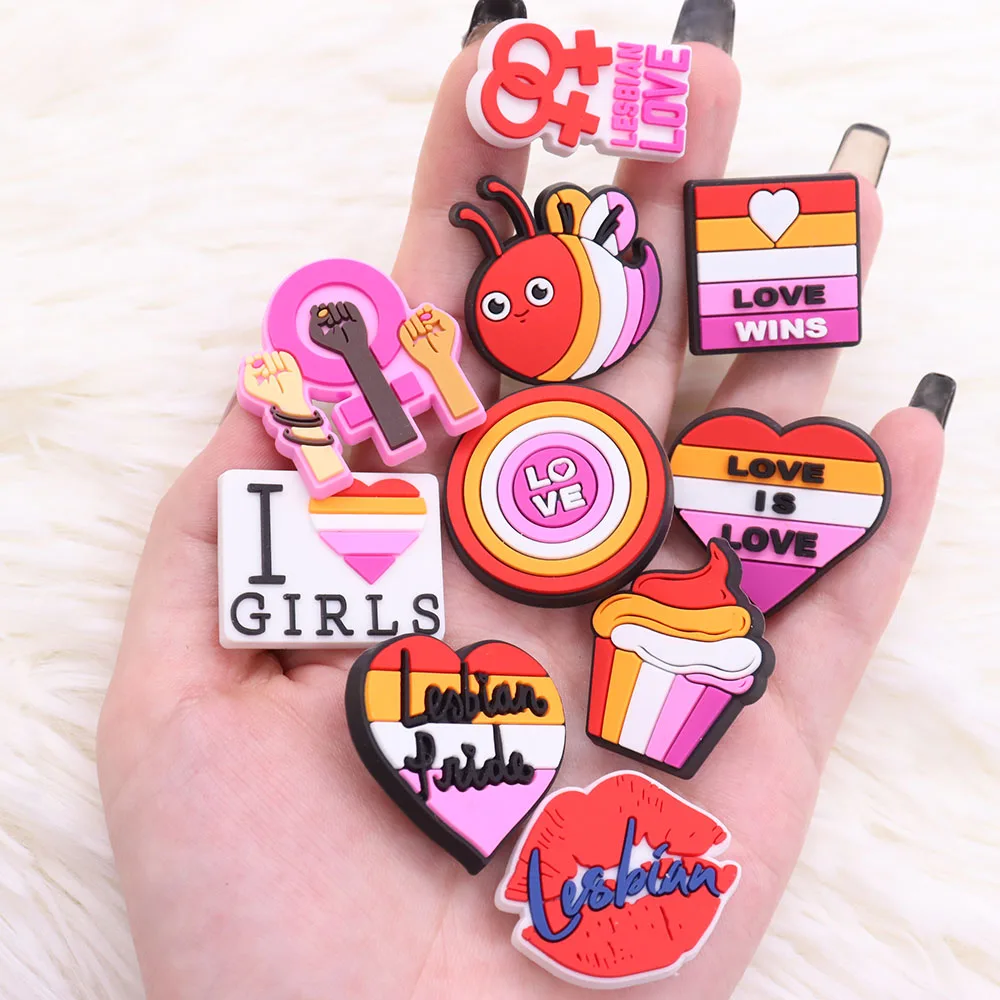 1-10PCS PVC Shoe Charms Cupcake Heart Lesbian Pride Bee Love Wins Girls LGBT Sandals Shoes Decoration Fit Wristbands Xmas Gifts