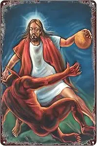 SREELEATHERS Jesus Christ vs Devil Satan in Basketball Metal Poster Tin Sign Wall Art Decor Plaque for Home Office Living Room B