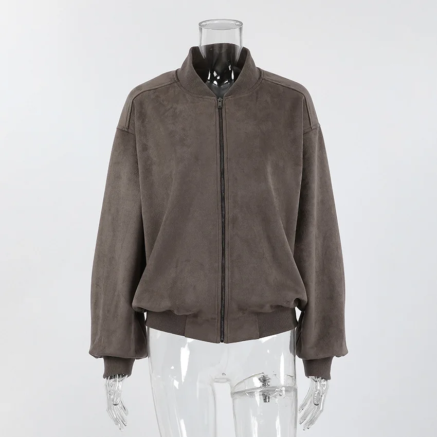 

Винтажная женская замшевая куртка-бомбер свободного покроя, пальто с воздушными шариками на молнии, осенне-зимнее пальто, модная уличная верхняя одежда