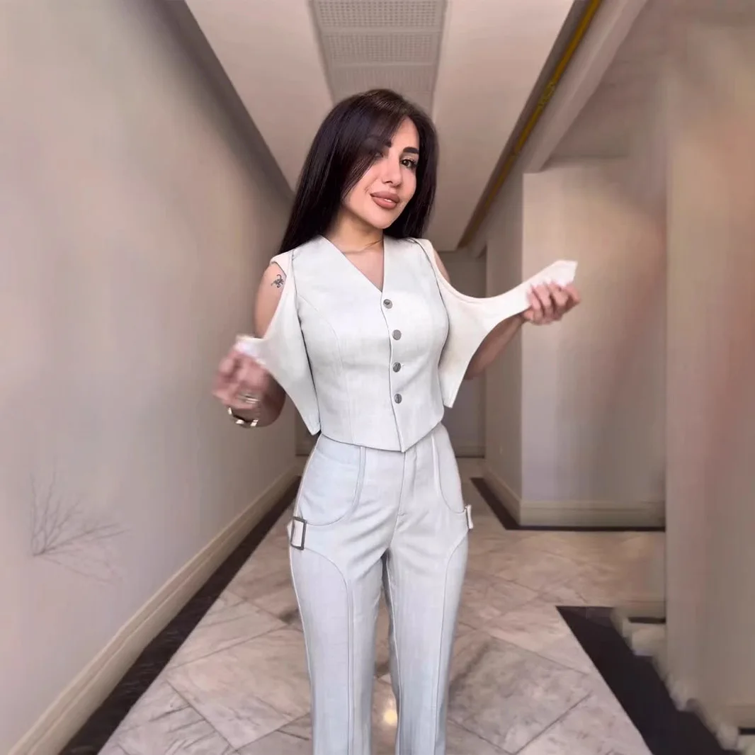 Setelan 2 Potong Wanita Rompi Tanpa Lengan Berkerah Tunggal dan Celana Lurus Kasual untuk Kantor dan Aktivitas Sehari-hari