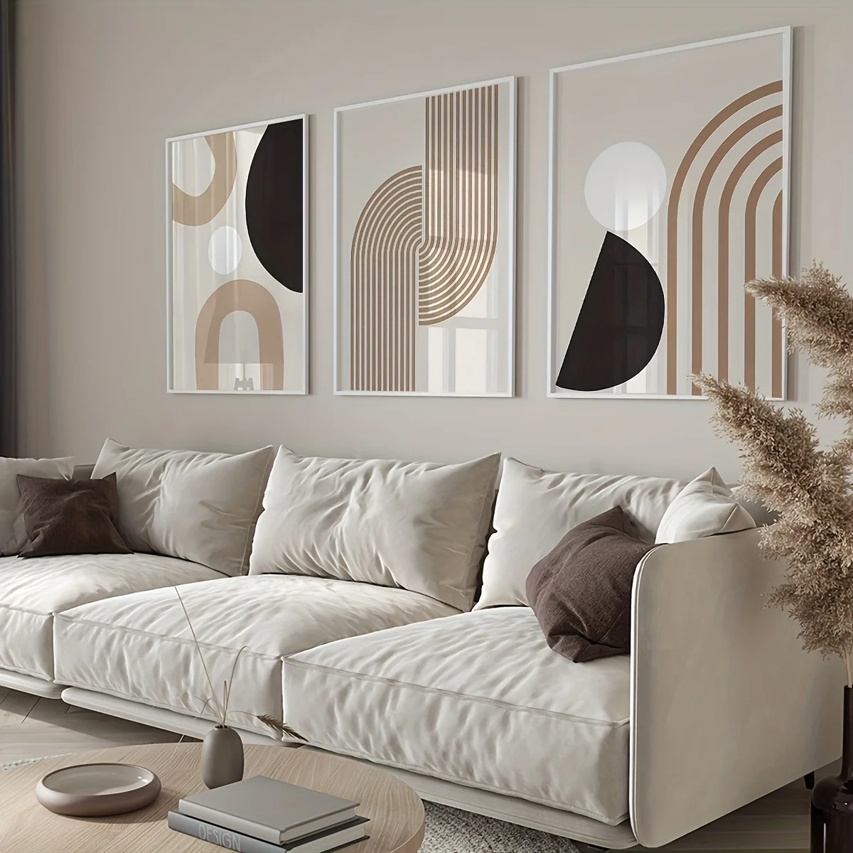 3 Stück moderne minimalistische abstrakte Linearpaintings, rahmenloses geometrisches beige Wandbild, Boho-Stil für die Heimdekoration
