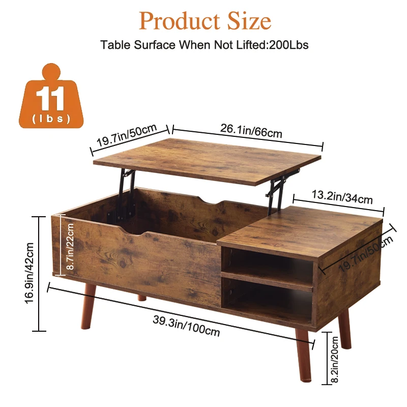 โต๊ะกาแฟท็อปยกไม้พร้อมช่องซ่อนและชั้นเก็บของแบบปรับได้ โต๊ะรับประทานอาหารยกโต๊ะสําหรับห้องนั่งเล่นในบ้าน