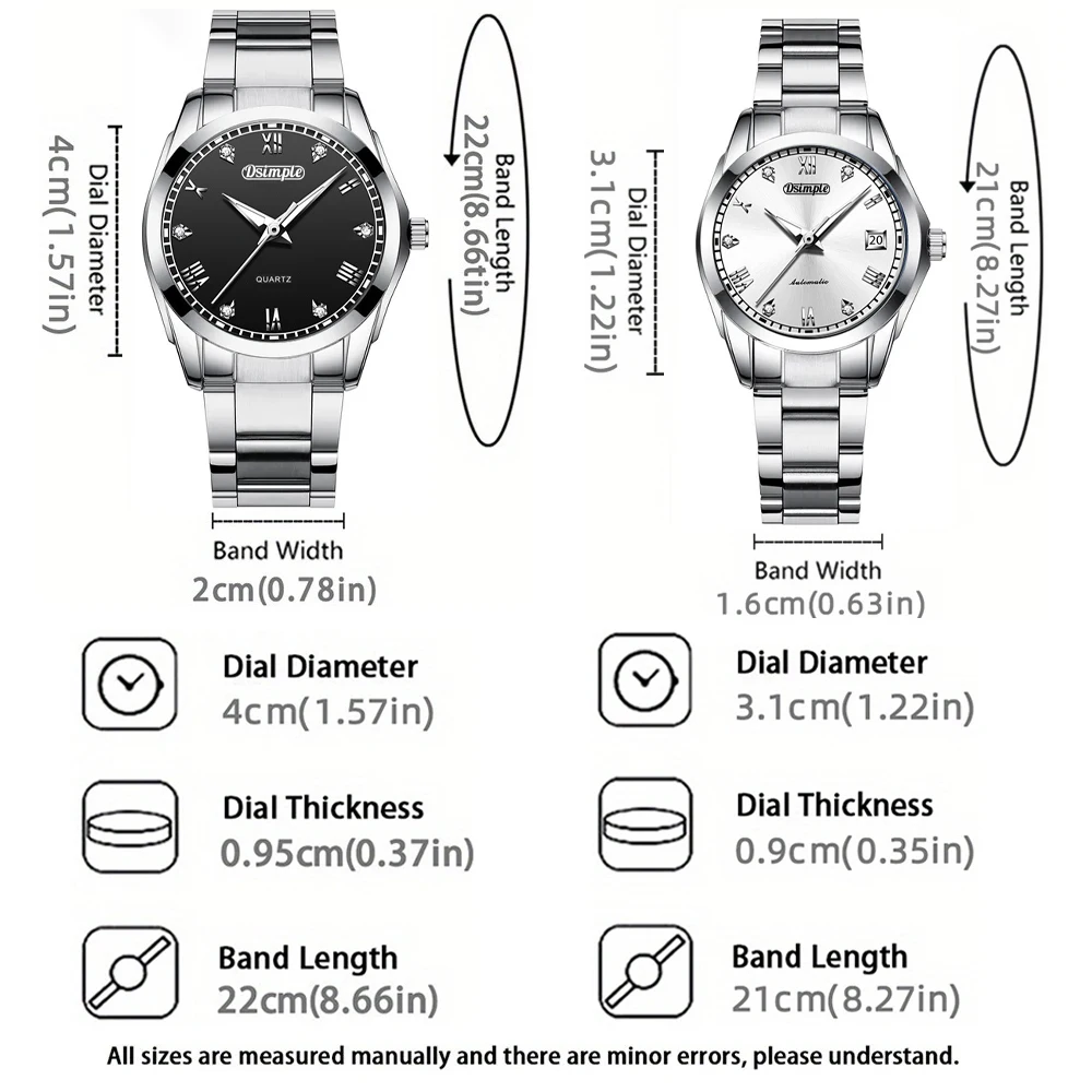 2 unids/set elegante conjunto de relojes para parejas, correa de acero inoxidable, movimiento de cuarzo, minimalista |   Relojes de pareja |   Regalos del Día de San Valentín