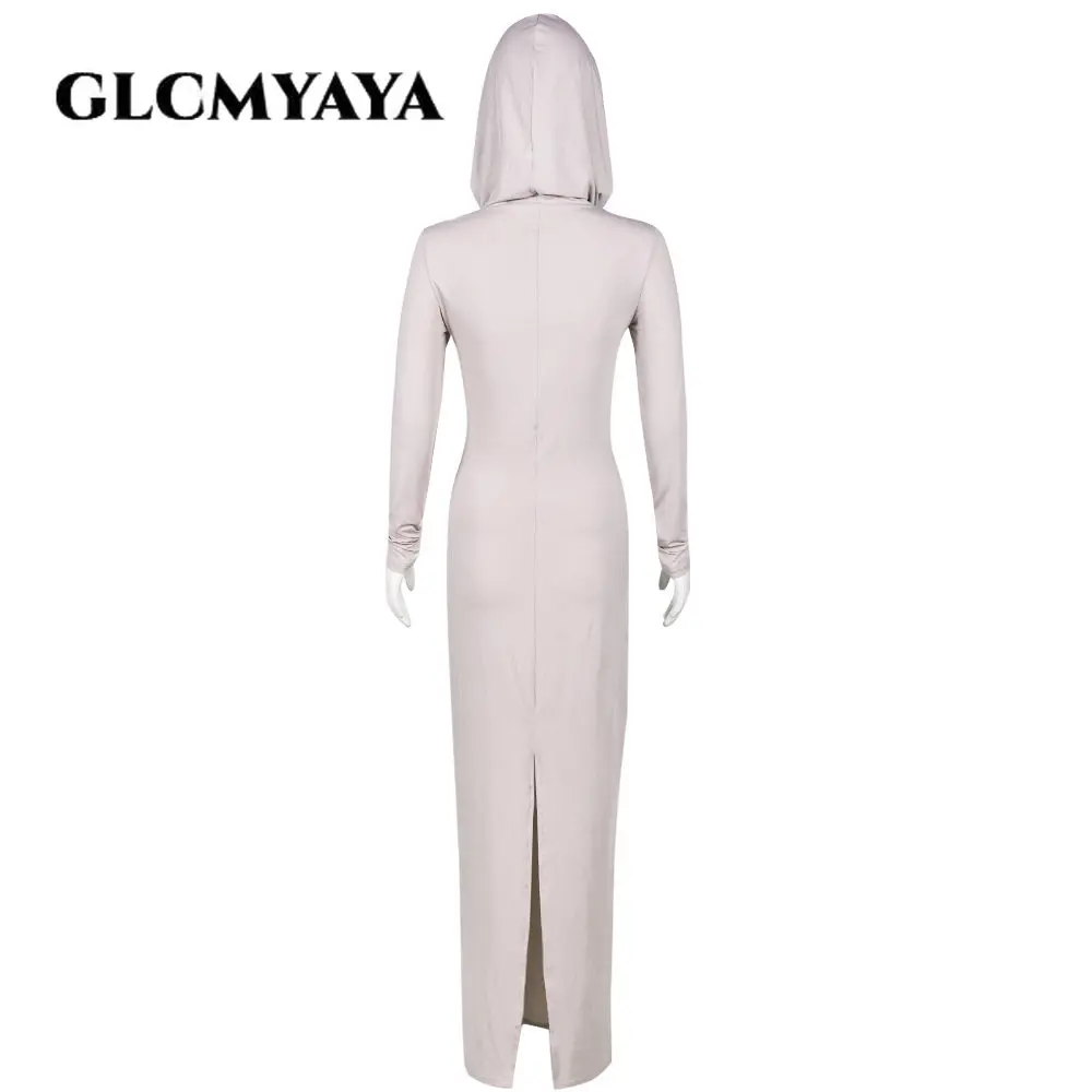 GLCMYAYA Streetwear Women Hooded Posterior Side Slit Pullover Bodycon Dress 2023 Sexy Long Sleeve Solid Midi Maxi Long Dresses