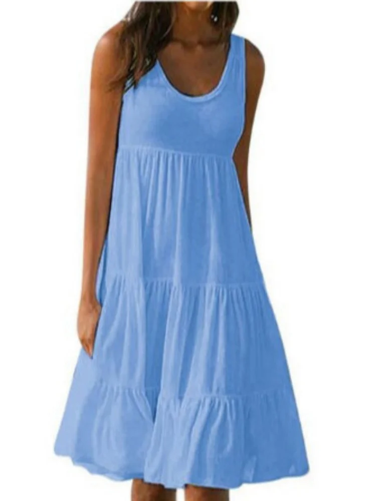 แฟชั่นฤดูร้อนชายหาดแขนกุดผู้หญิงแต่งตัว O-คอลําลองหลวมชุดสีทึบ