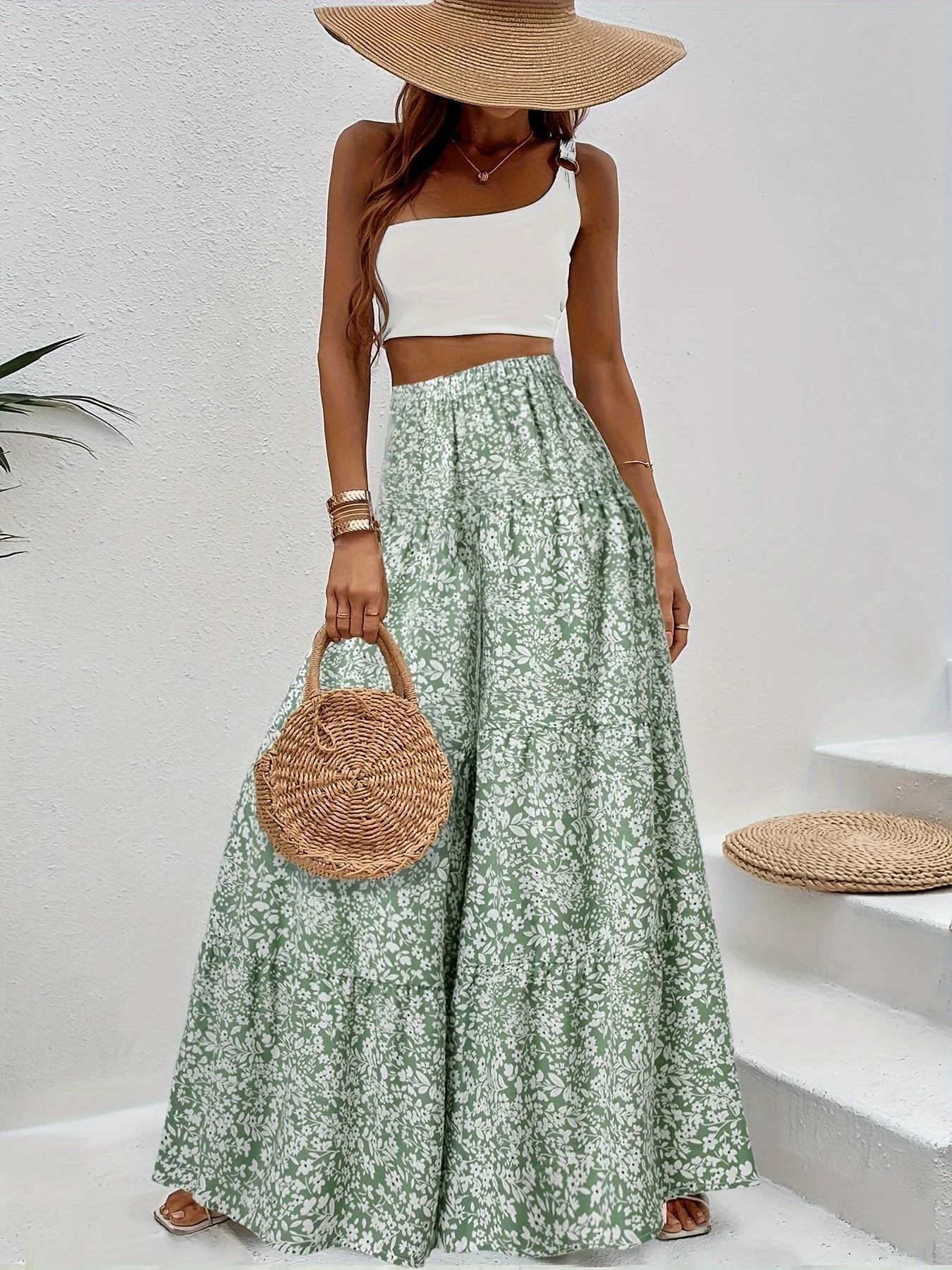 Summer Women's Fashion Sweet Floral Print Wide-Leg Pants Vacation-Style Elastic Waist Long Pants Elegant Directional Design