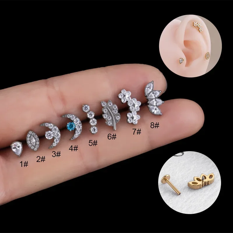 1Piece G23 Titanium 1.2*8mm Flat Rod Piercing Stud Earring for Women Earring Moon Leaf Zircon Earrings for Teens Ear Cuff