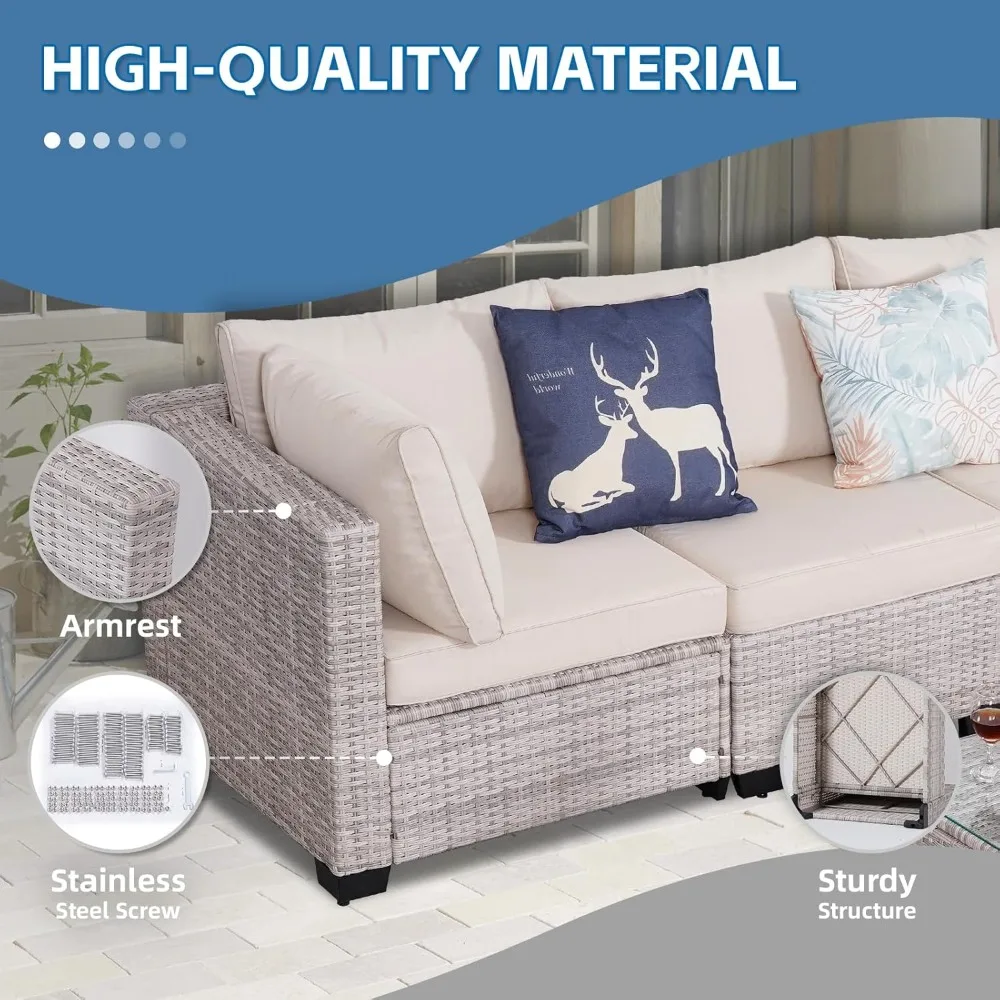 7 Piece Sectional Sofa Set Outdoor, Rattan Patio Furniture Set, Outdoor Sectional , Rattan Chairs Glass Table Wicker Co