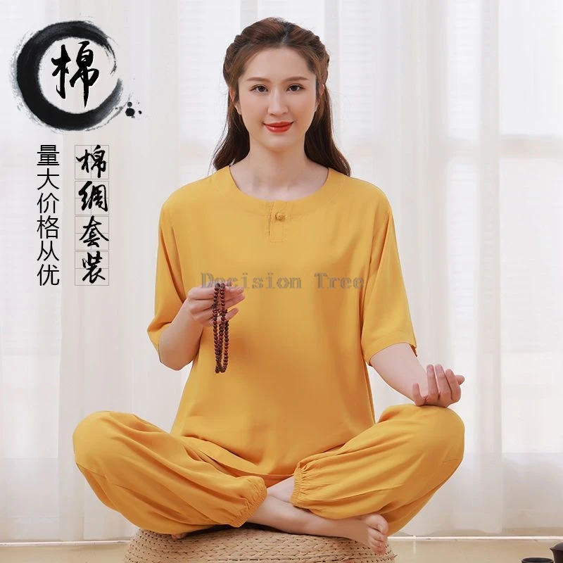 2025 cotton and linen chinese-style zen yoga suits women's zen suits loose retro style round collar half sleeve top pants set