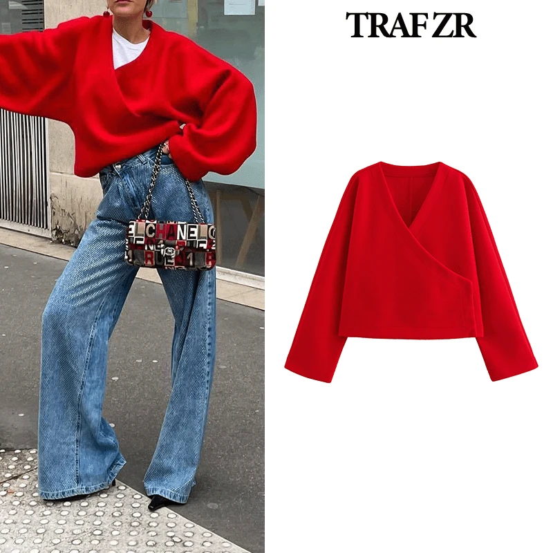 TRAF ZR Short T-shirts with Long Sleeves Y2k Tops Autumn Women\'s Red T-shirts V-Neck Women Tops Streetwear Vintage T-shirt