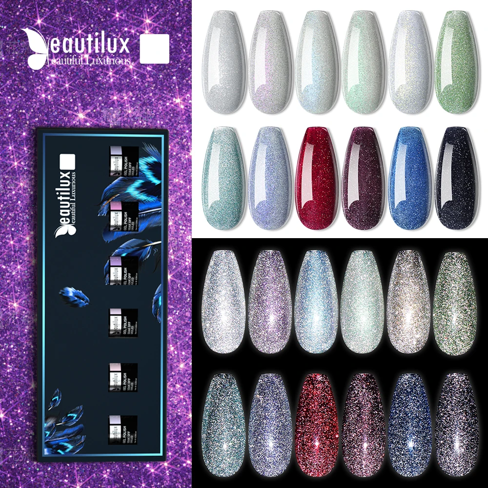 Beautilux Reflective Diamond Gel Nail Polish Kit Glitter Gloss Semi Permanent UV LED Nails Art Gels Varnish Lacquer Manicure Set