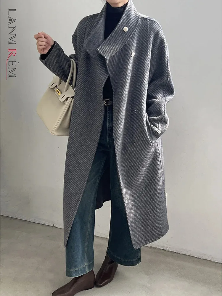 

[LANMREM] Vintage Woolen Coats Women's Stand Neck Single Breasted Office Lady Elegant Warm Long Outwear 2024 Winter New 26C1094