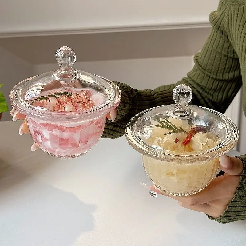 

Glass Dessert Bowl with Cover, Delicate and High-grade Transparent Dim Sum Bowl for Domestic Girls, Sugared Bird's Nest Cup