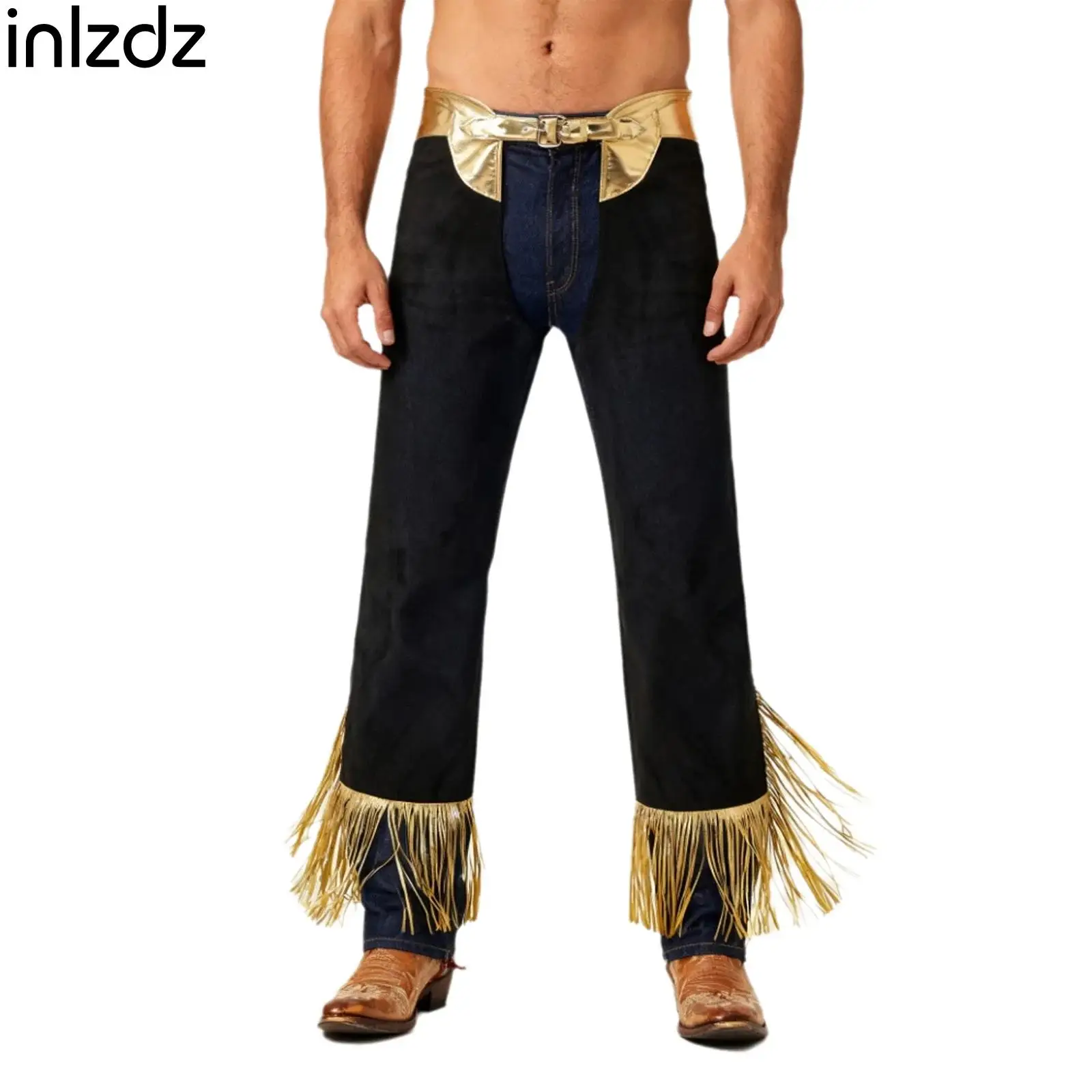 

Mens Western Cowboy Costume Metallic Shiny Fringe Hollow-out Crotch Cowboy Pants Halloween Dress Up Party Costume Rave Clubwear