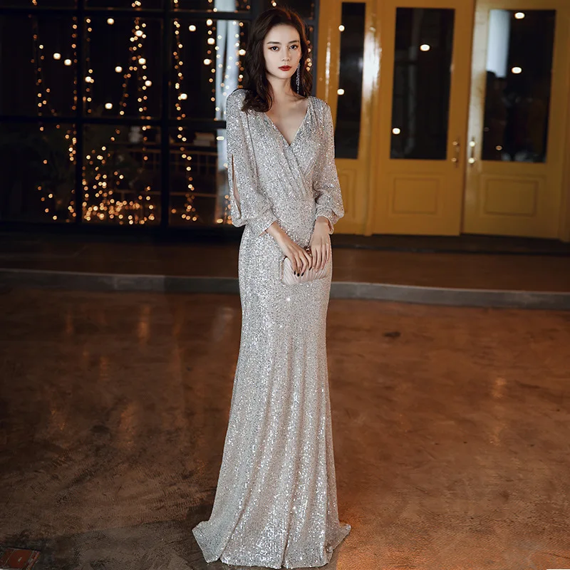 

Banquet Small Evening Dress Women's New Long Silver Paillette Elegant Fishtail Skirt Chorus Performance Host