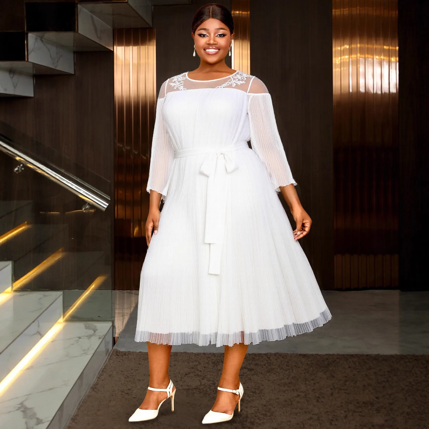 

Elegant African Dresses for Women Autumn Fashion 3/4 Sleeve O-neck Party Evening White Long Dress Dashiki African Clothing
