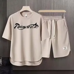 Summer Men's Khaki Sets American Art Font Printing T-shirts Shorts 2 Piece Set Breathable Waffle Top Sports Men's Clothing 2024