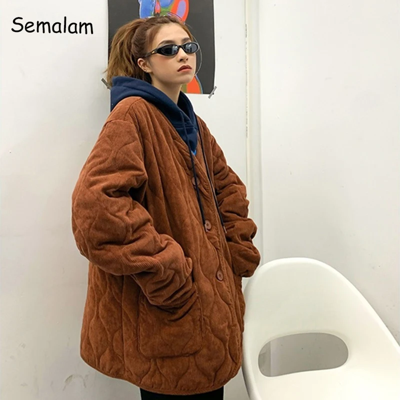 

Vintage Women Oversized Cotton Coat Basic Brown Beige Pocket Parkas 2022 Winter Fashion Casual Outerwear Warm Coats Streetwear