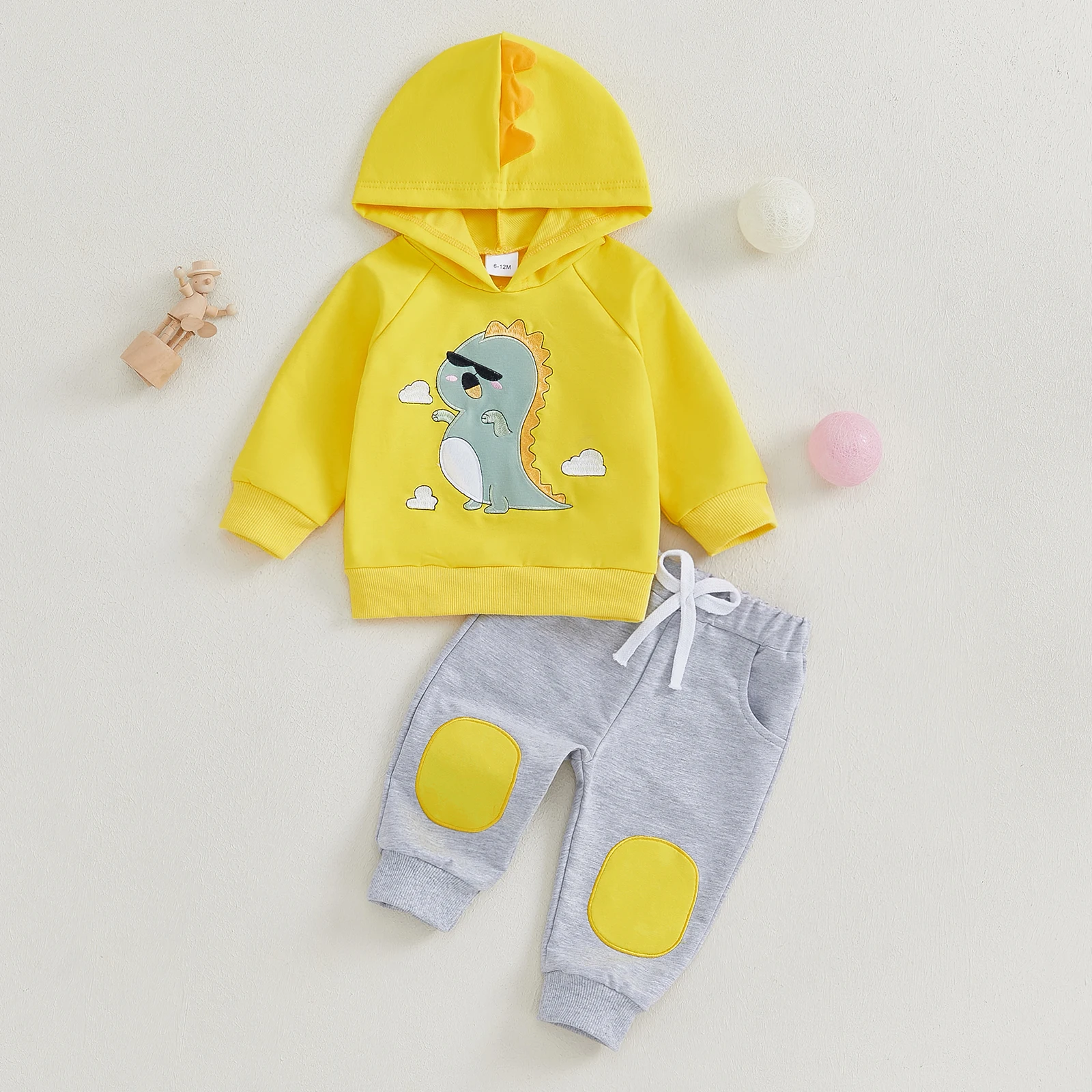 1-4Years Kids Baby Boys 2-piece Outfits Autumn Tracksuits Long Sleeve Embroidery Dinosaur Hoodies with Elastic Waist Sweatpants