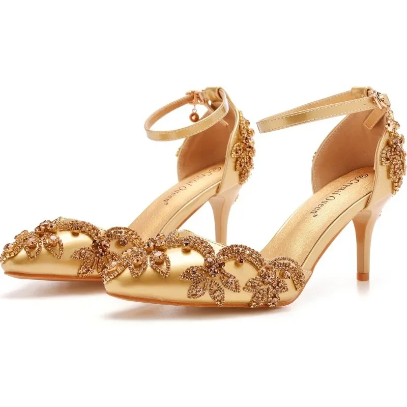 Letnie sandały damskie na wysokim obcasie Rhinestone PU 7CM na cienkim obcasie pasek z klamrą dojrzałe buty damskie złoty żółty moda