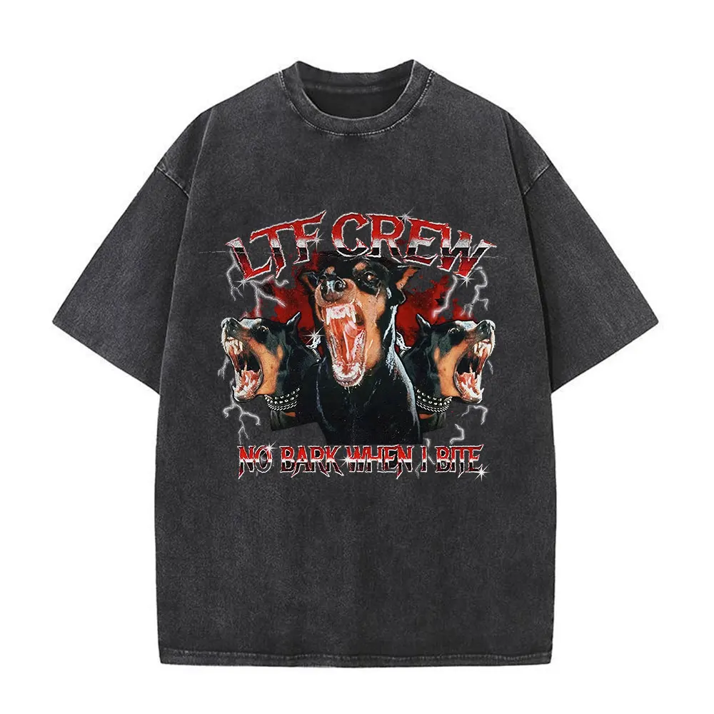 Maglietta lavata da uomo maglietta oversize Streetwear Hip Hop Doberman Dog Graphic T-Shirt Vintage in cotone invecchiato a maniche corte